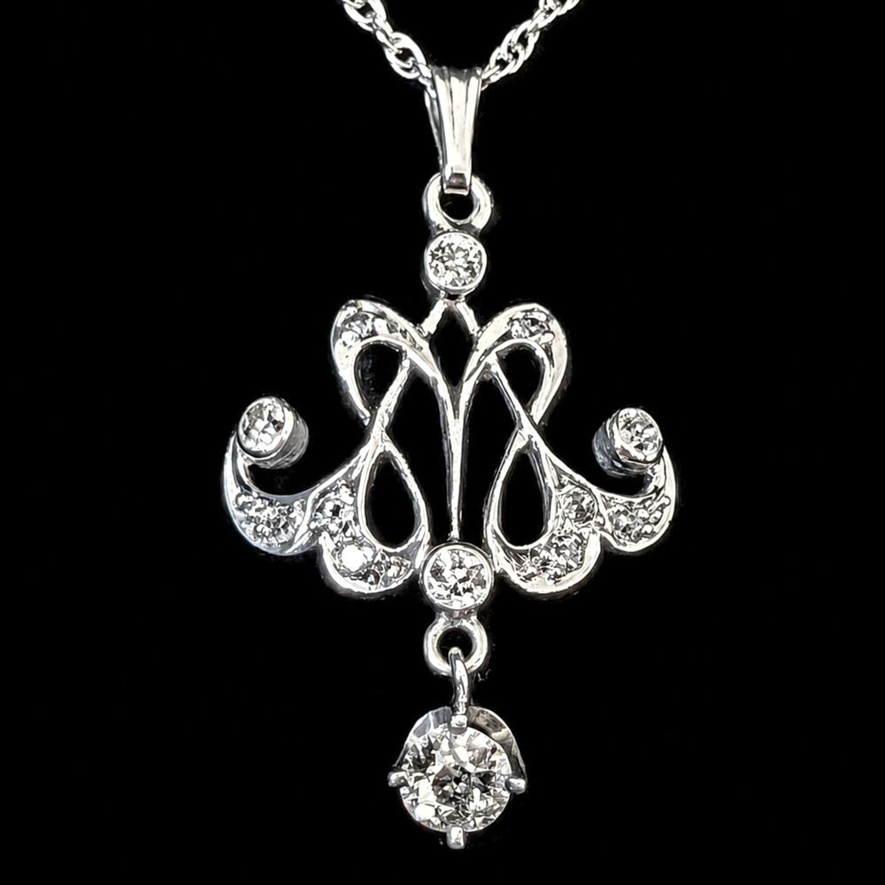 Old European Cut Diamonds 14k White Gold Lavalier Necklace Vintage Antique